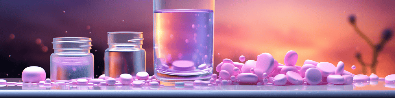 image of drug pills surrounding a glass of water symbolizing drug consumption