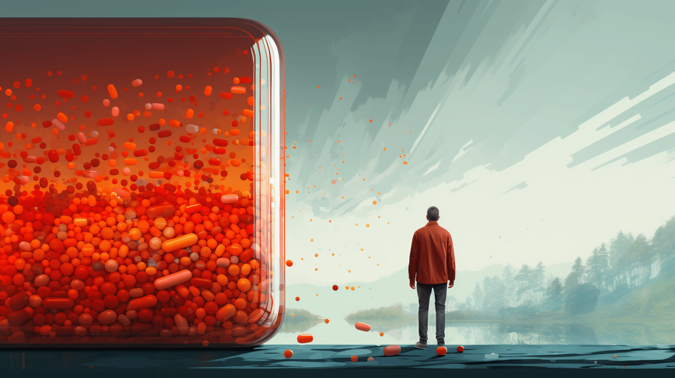 abstract image of a researcher studying a bottle of drug.