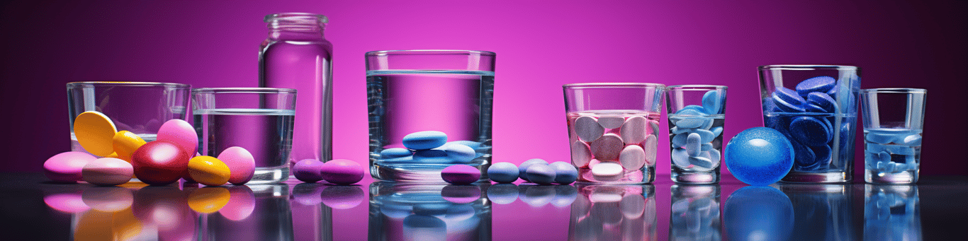 image of drug pills surrounding a glass of water symbolizing drug consumption
