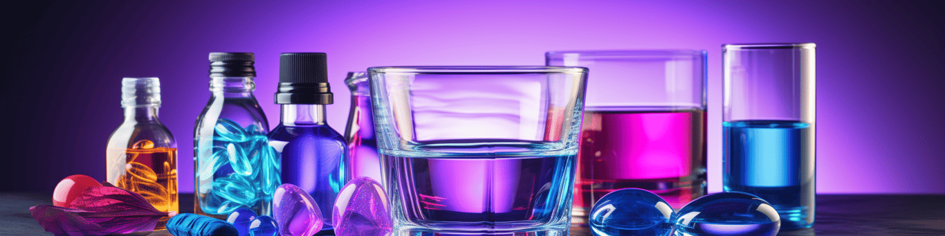 image of drug pills surrounding a glass of water symbolizing drug consumption