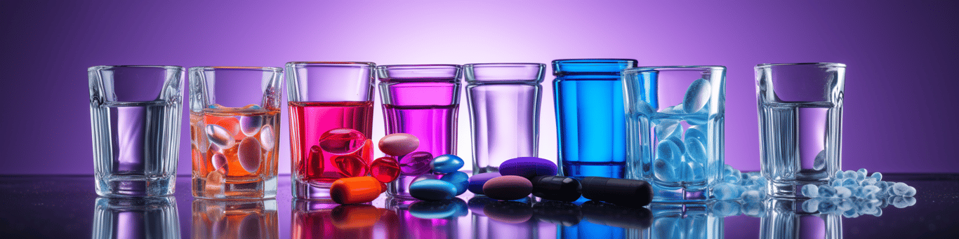 image of drug pills surrounding a glass of water symbolizing drug consumption