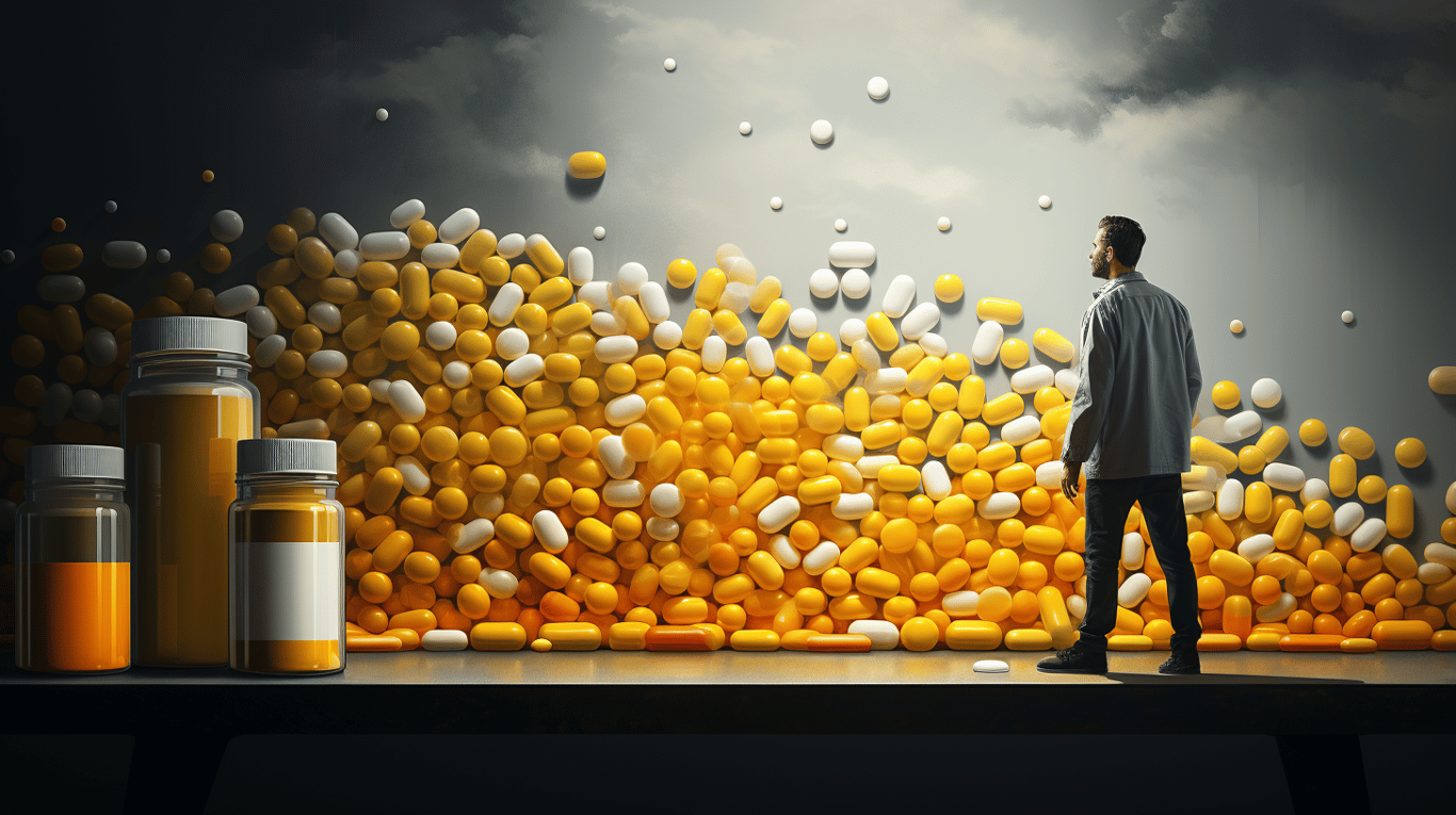 abstract image of a researcher studying a bottle of drug.