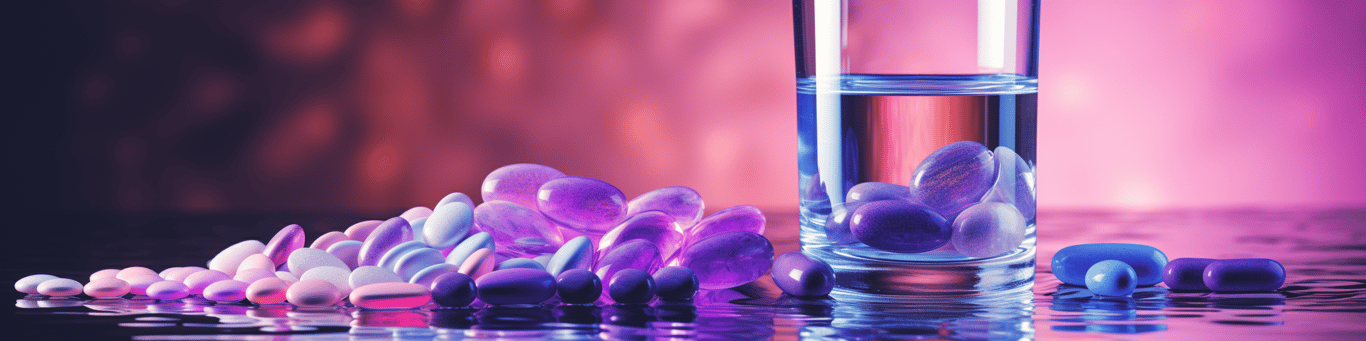 image of drug pills surrounding a glass of water symbolizing drug consumption