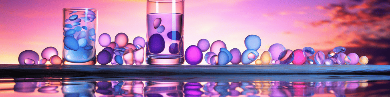 image of drug pills surrounding a glass of water symbolizing drug consumption