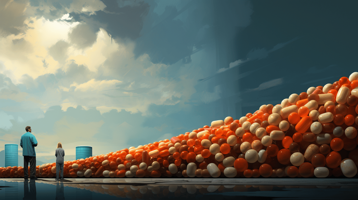 abstract image of a researcher studying a bottle of drug.