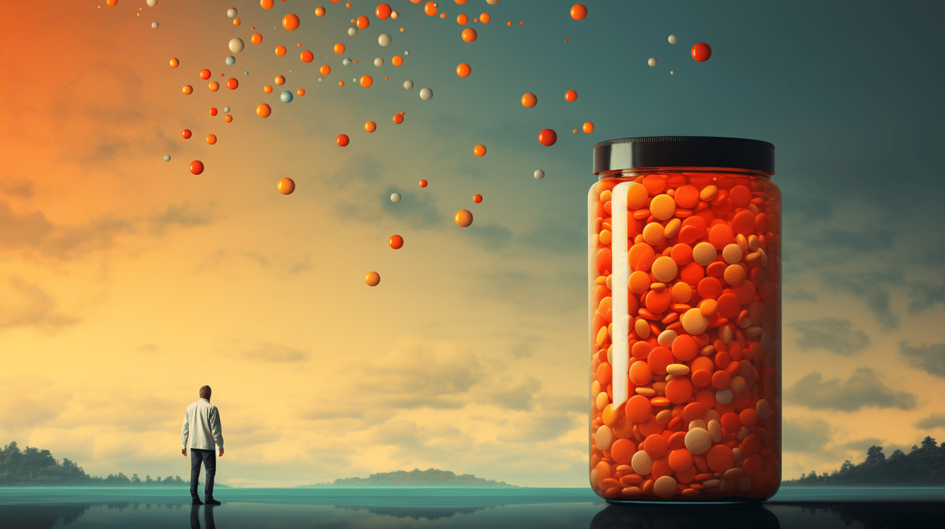 abstract image of a researcher studying a bottle of drug.