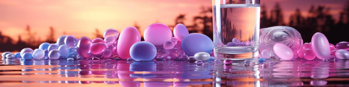 image of drug pills surrounding a glass of water symbolizing drug consumption