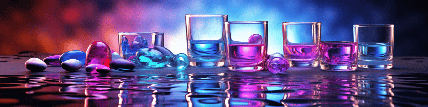 image of drug pills surrounding a glass of water symbolizing drug consumption