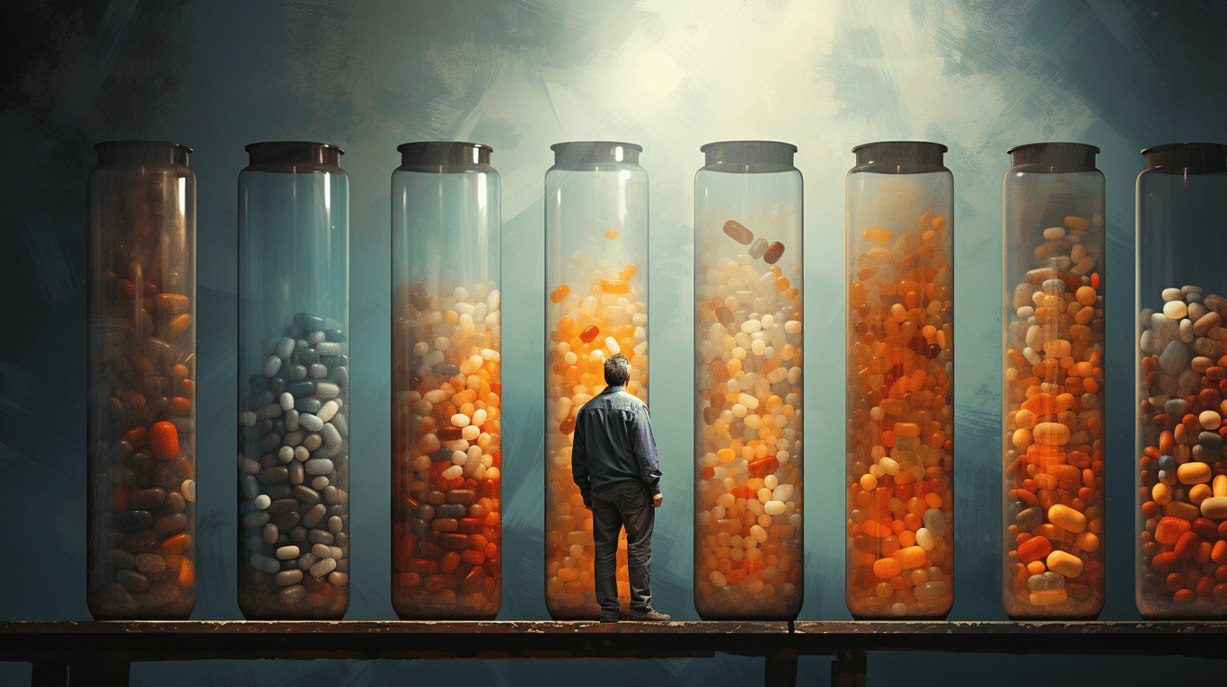 abstract image of a researcher studying a bottle of drug.