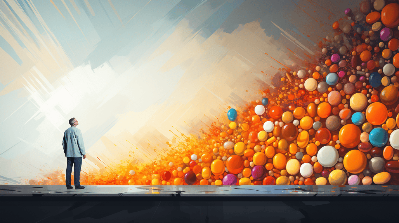 abstract image of a researcher studying a bottle of drug.