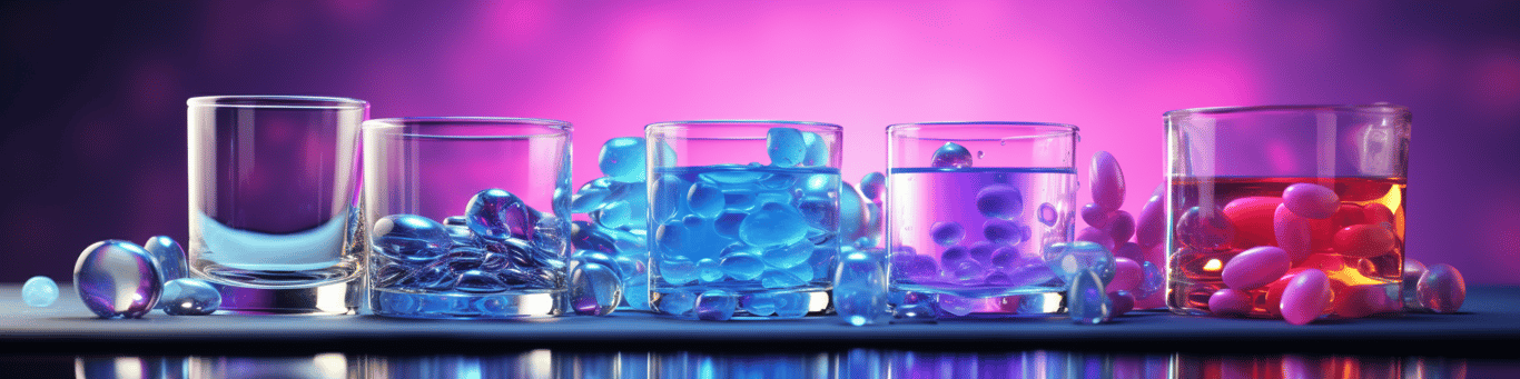 image of drug pills surrounding a glass of water symbolizing drug consumption