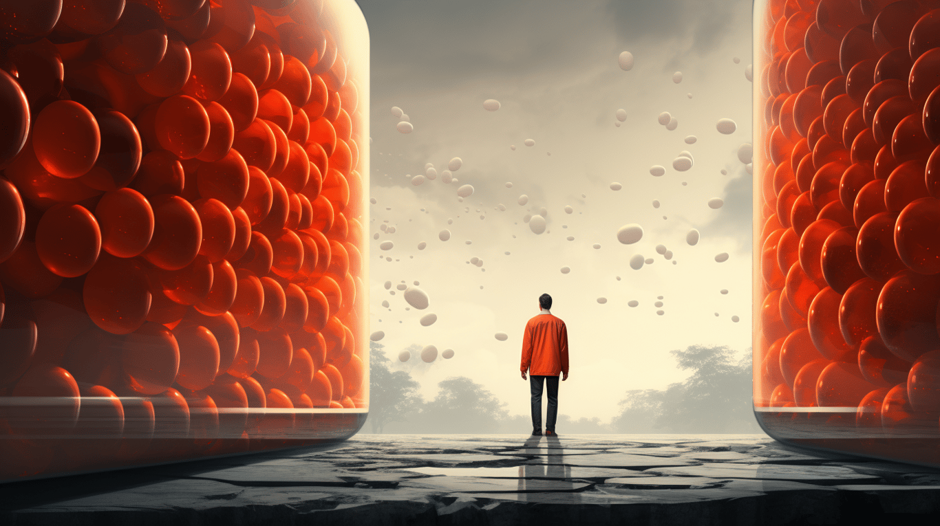 abstract image of a researcher studying a bottle of drug.