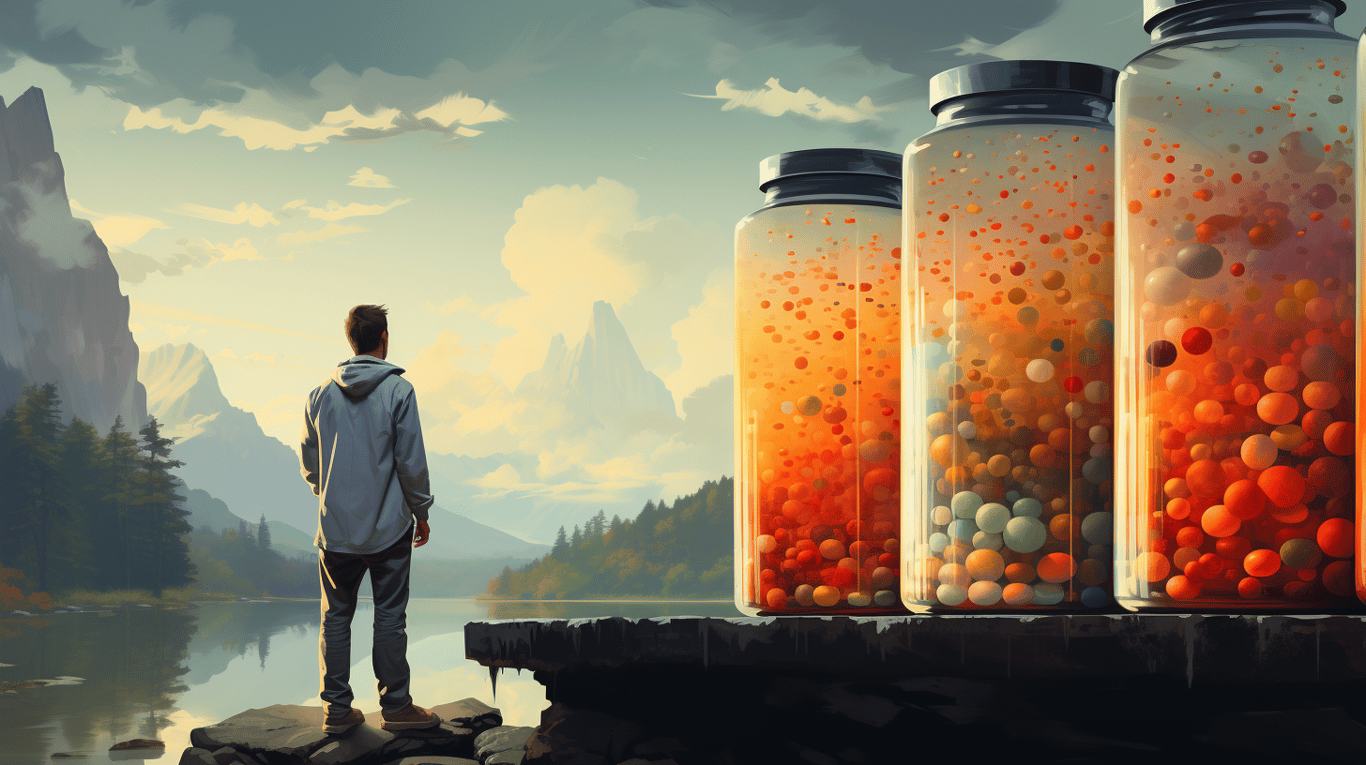 abstract image of a researcher studying a bottle of drug.