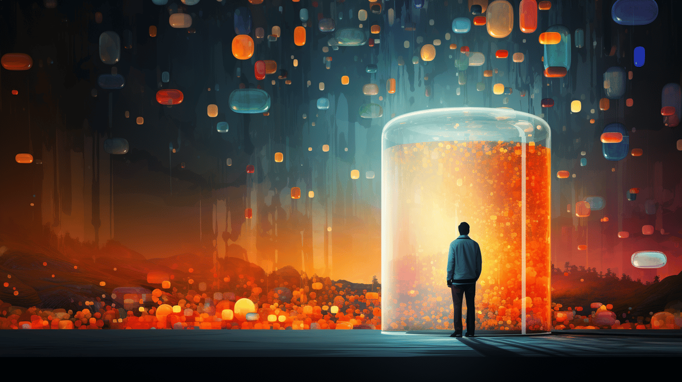 abstract image of a researcher studying a bottle of drug.