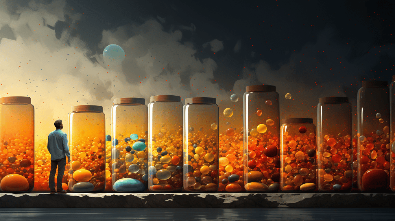 abstract image of a researcher studying a bottle of drug.