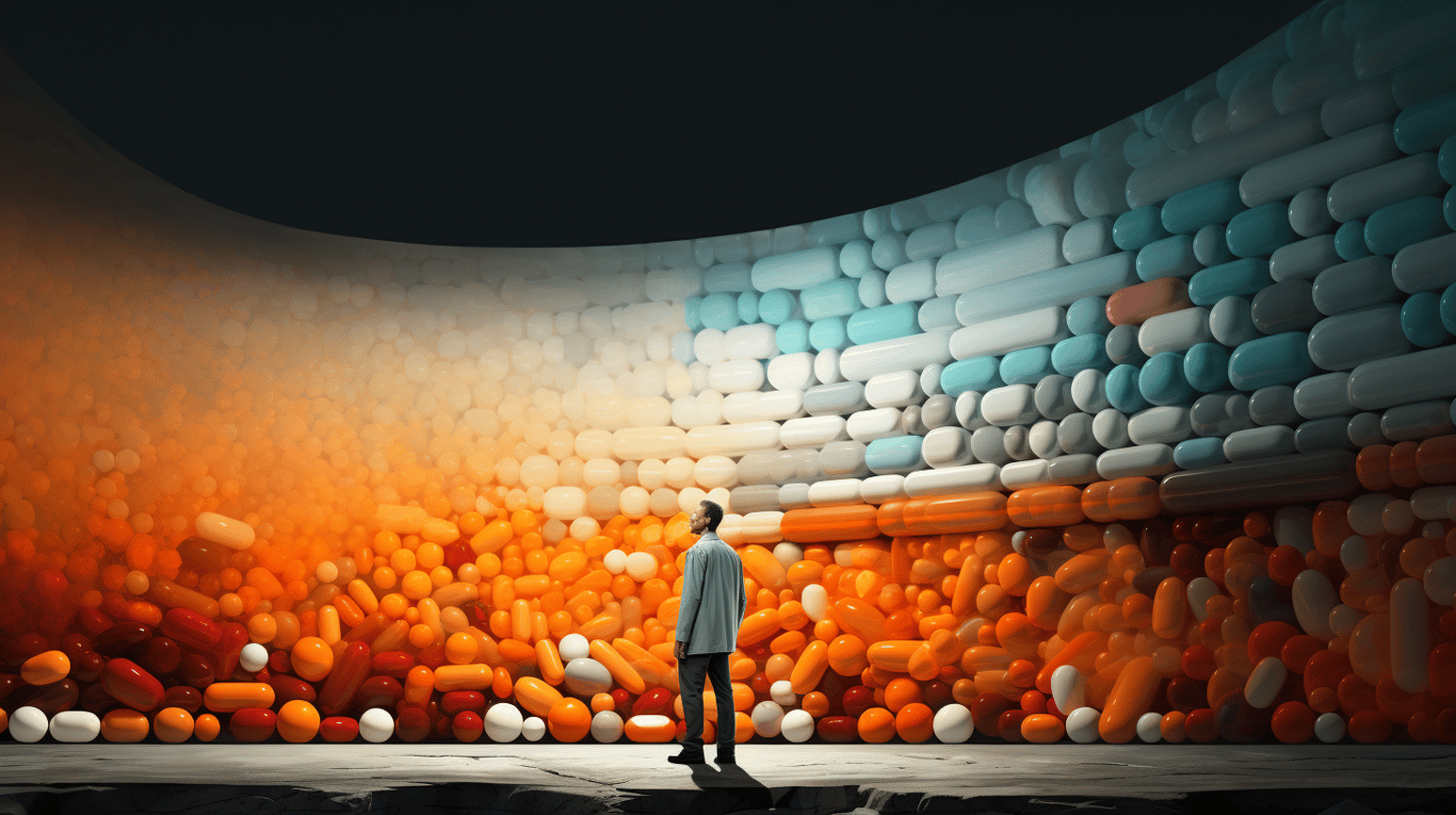 abstract image of a researcher studying a bottle of drug.