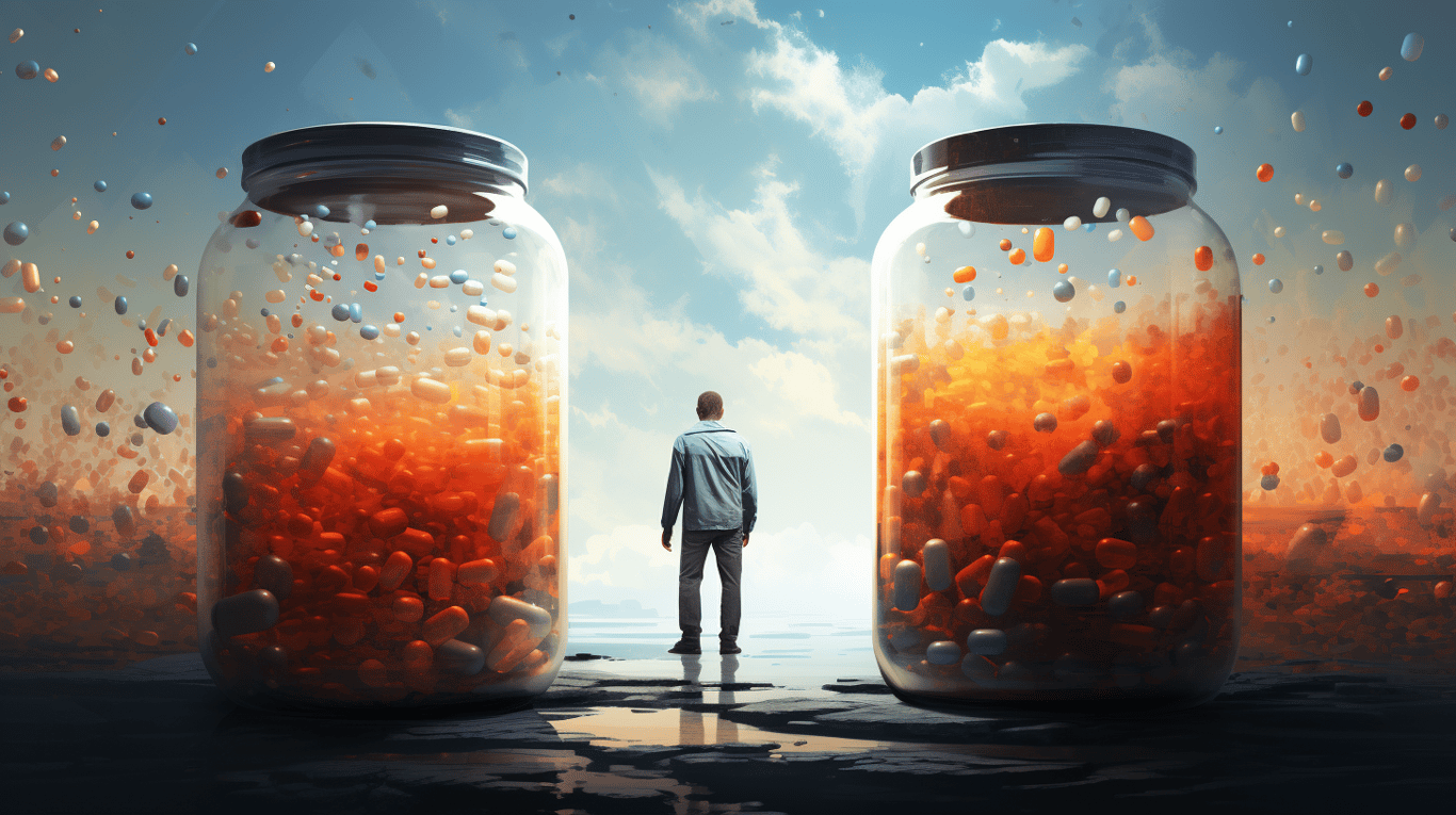 abstract image of a researcher studying a bottle of drug.