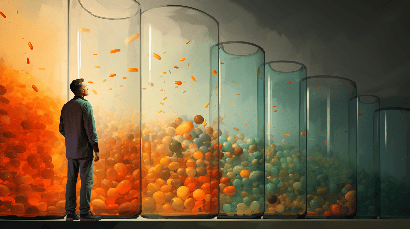 abstract image of a researcher studying a bottle of drug.