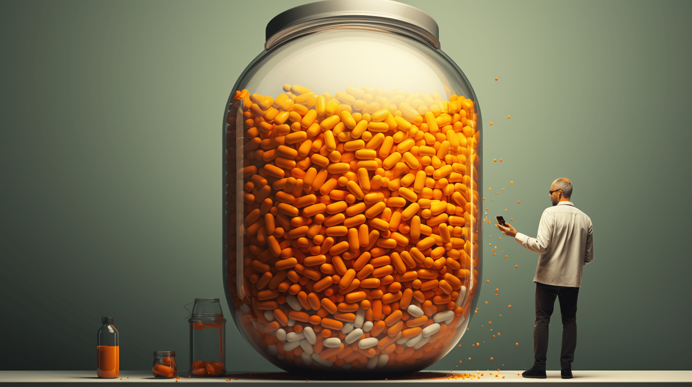 abstract image of a researcher studying a bottle of drug.