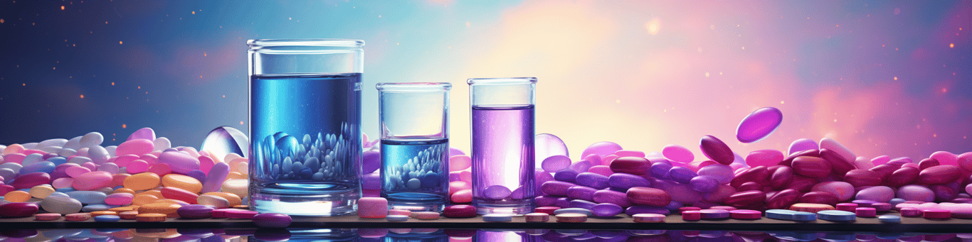 image of drug pills surrounding a glass of water symbolizing drug consumption