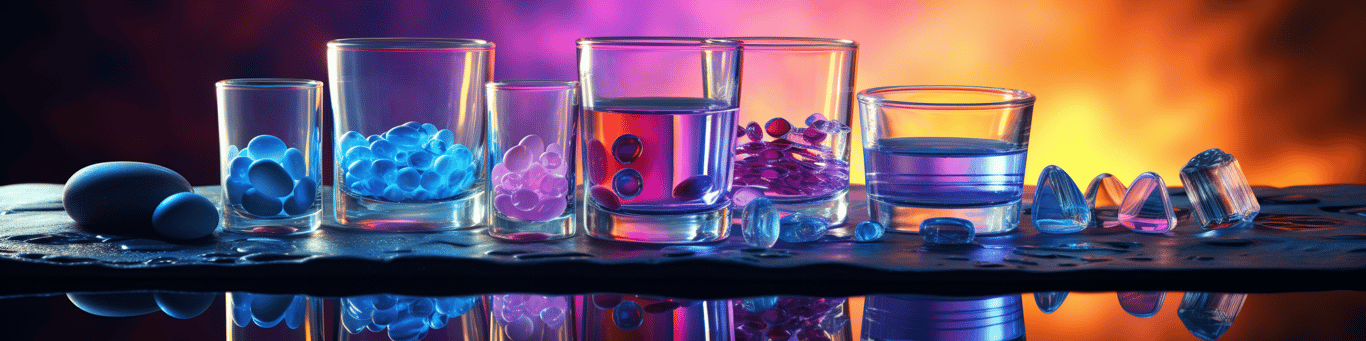 image of drug pills surrounding a glass of water symbolizing drug consumption