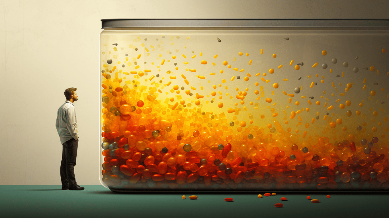 abstract image of a researcher studying a bottle of drug.