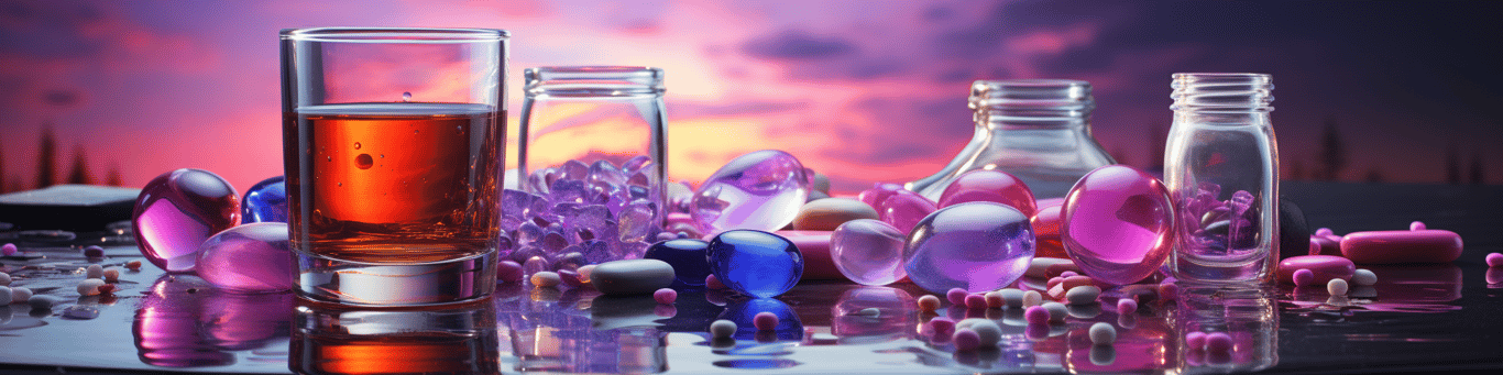 image of drug pills surrounding a glass of water symbolizing drug consumption