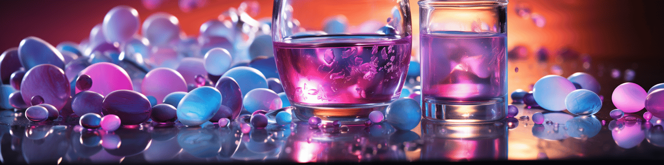 image of drug pills surrounding a glass of water symbolizing drug consumption