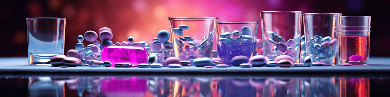 image of drug pills surrounding a glass of water symbolizing drug consumption