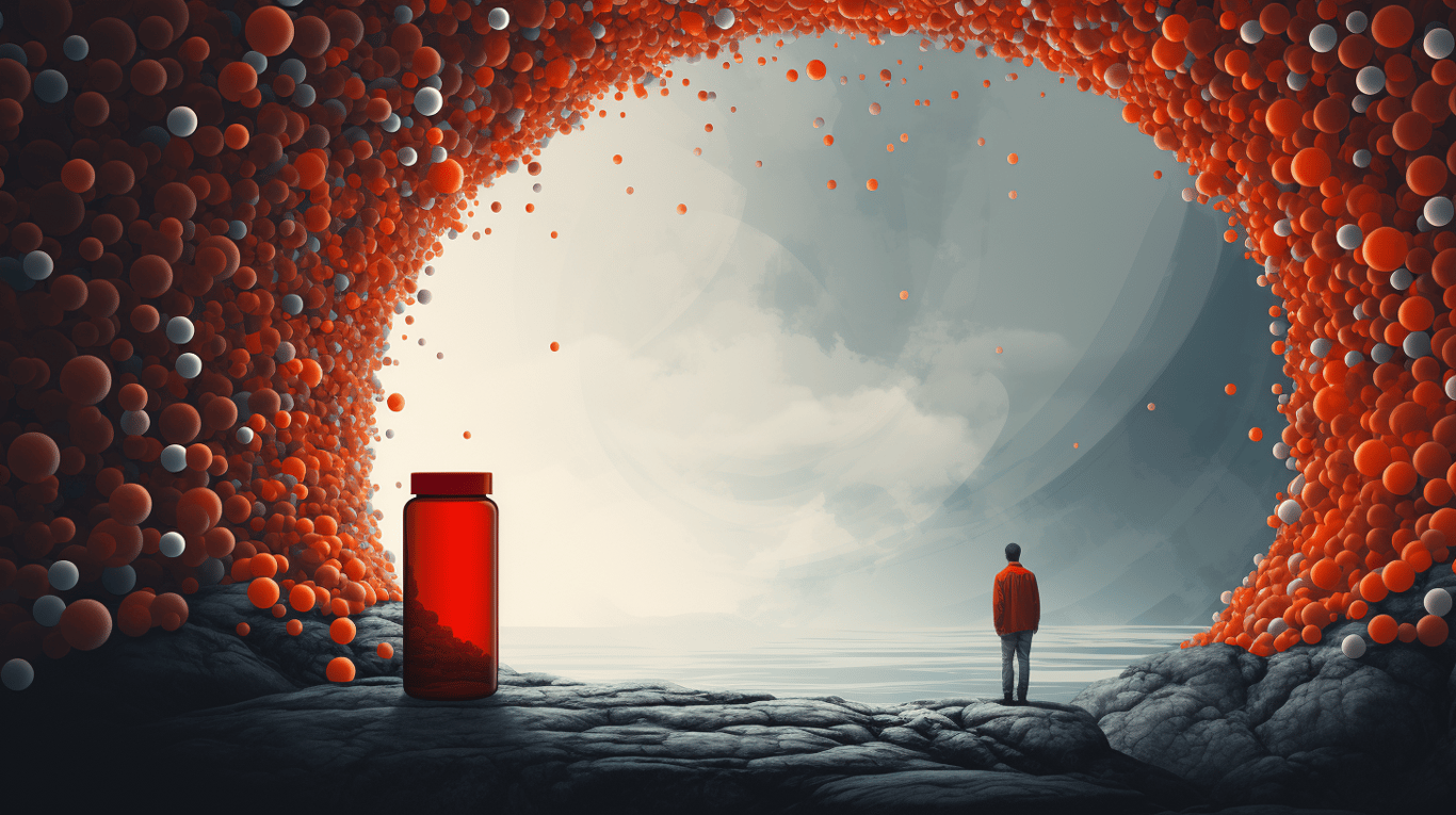 abstract image of a researcher studying a bottle of drug.