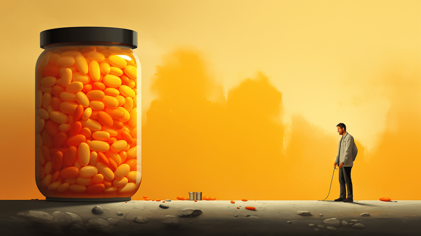 abstract image of a researcher studying a bottle of drug.