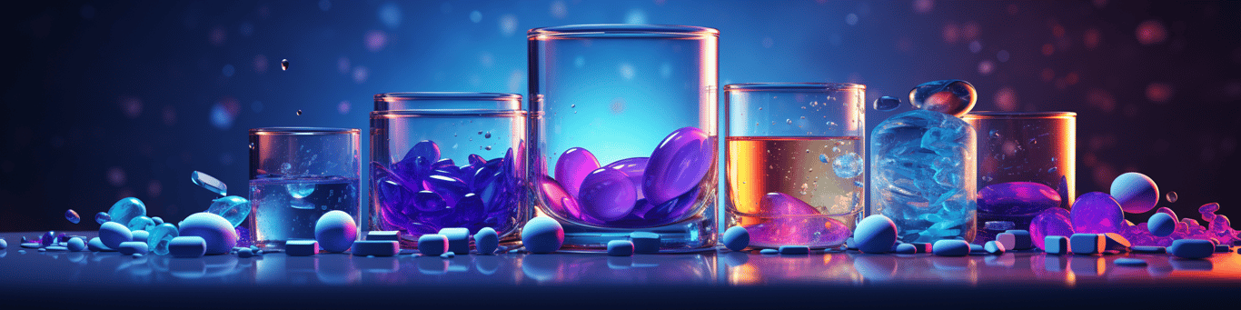 image of drug pills surrounding a glass of water symbolizing drug consumption