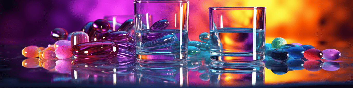 image of drug pills surrounding a glass of water symbolizing drug consumption