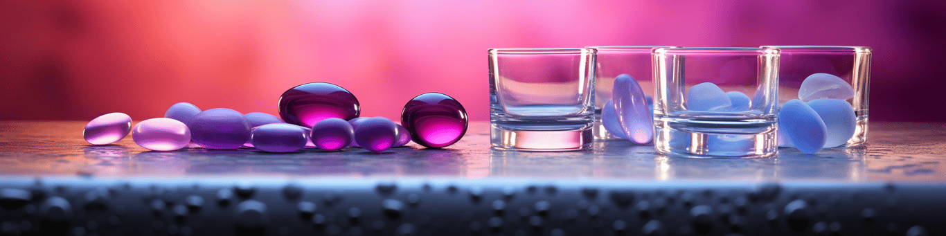 image of drug pills surrounding a glass of water symbolizing drug consumption