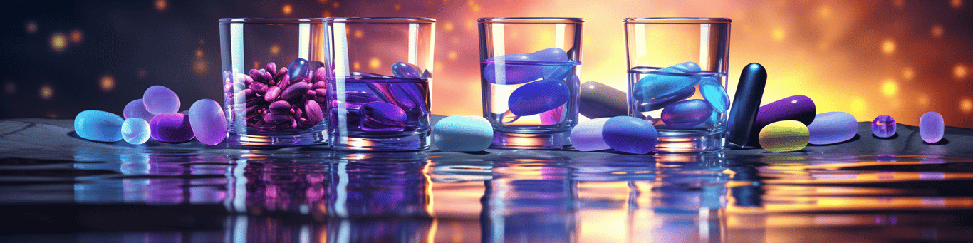 image of drug pills surrounding a glass of water symbolizing drug consumption