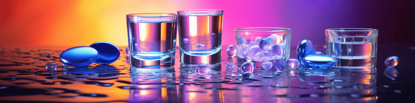 image of drug pills surrounding a glass of water symbolizing drug consumption