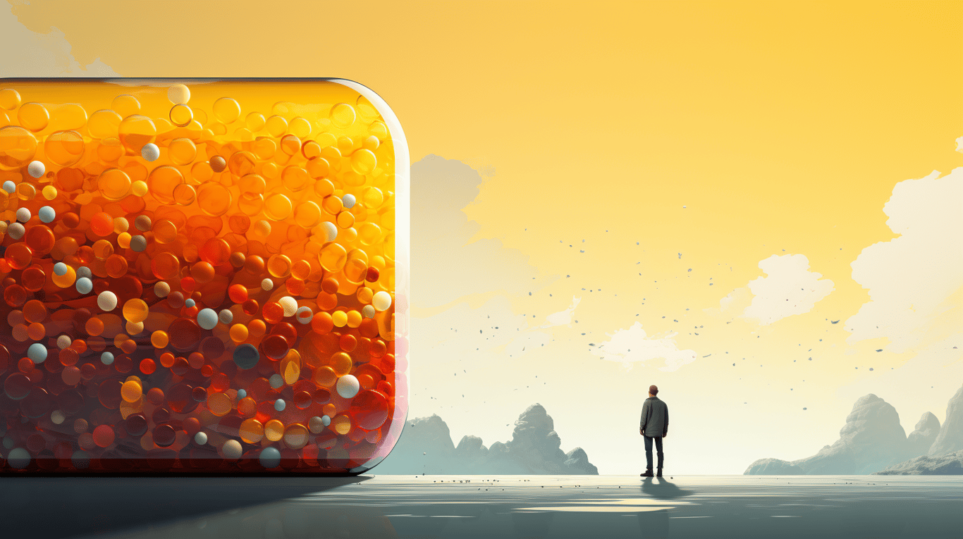 abstract image of a researcher studying a bottle of drug.