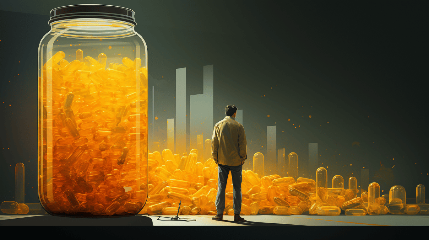 abstract image of a researcher studying a bottle of drug.