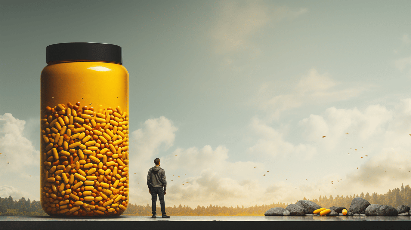 abstract image of a researcher studying a bottle of drug.