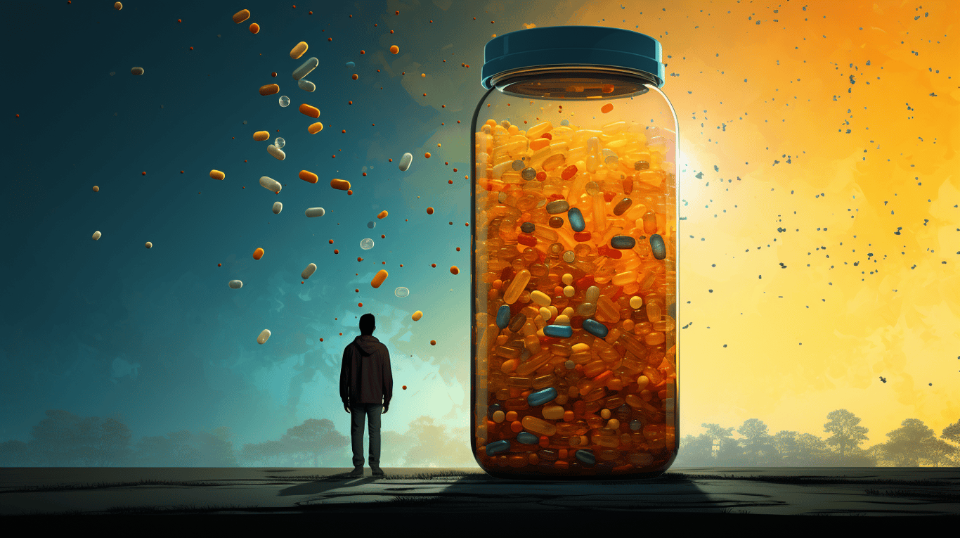 abstract image of a researcher studying a bottle of drug.