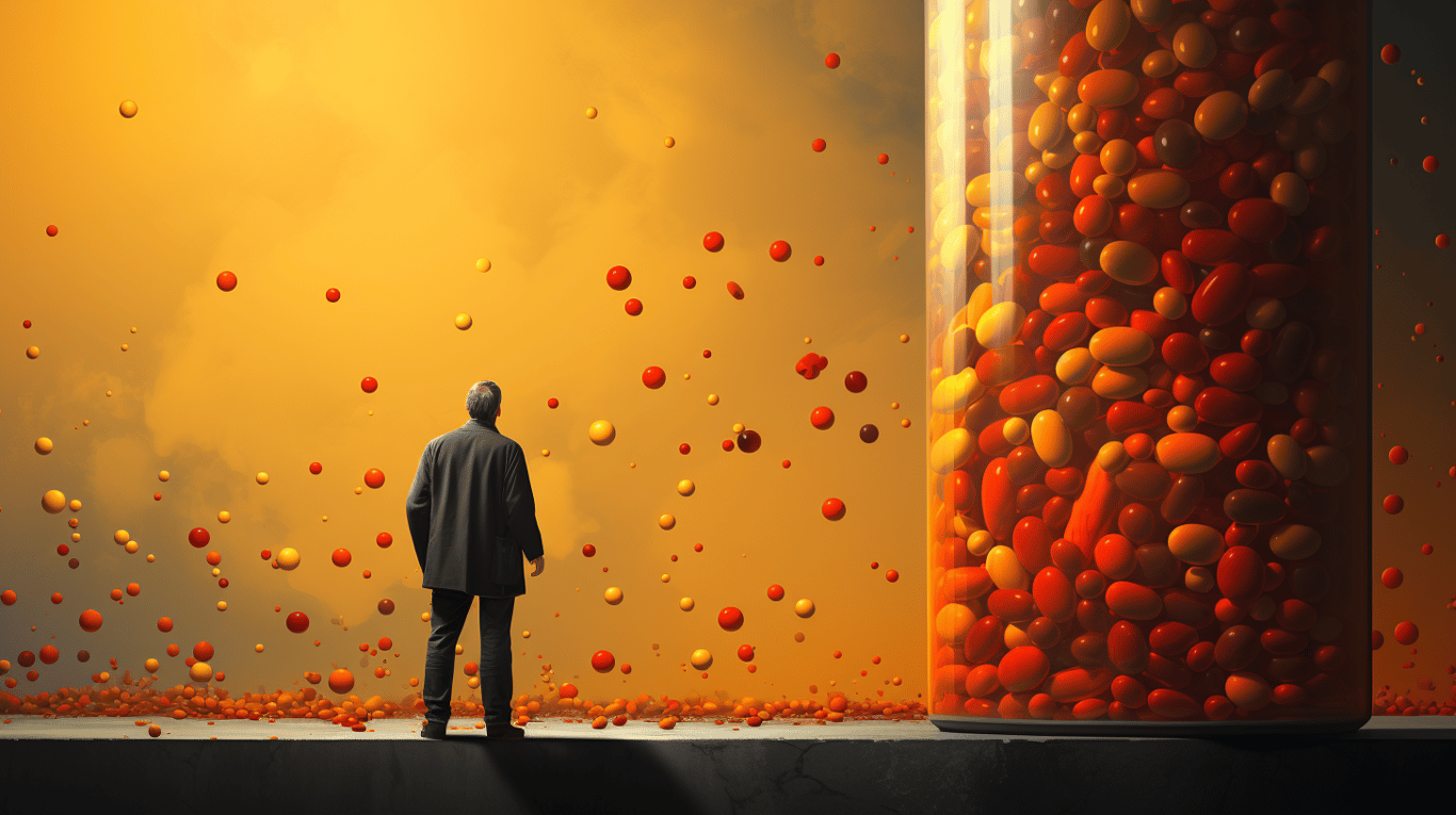 abstract image of a researcher studying a bottle of drug.