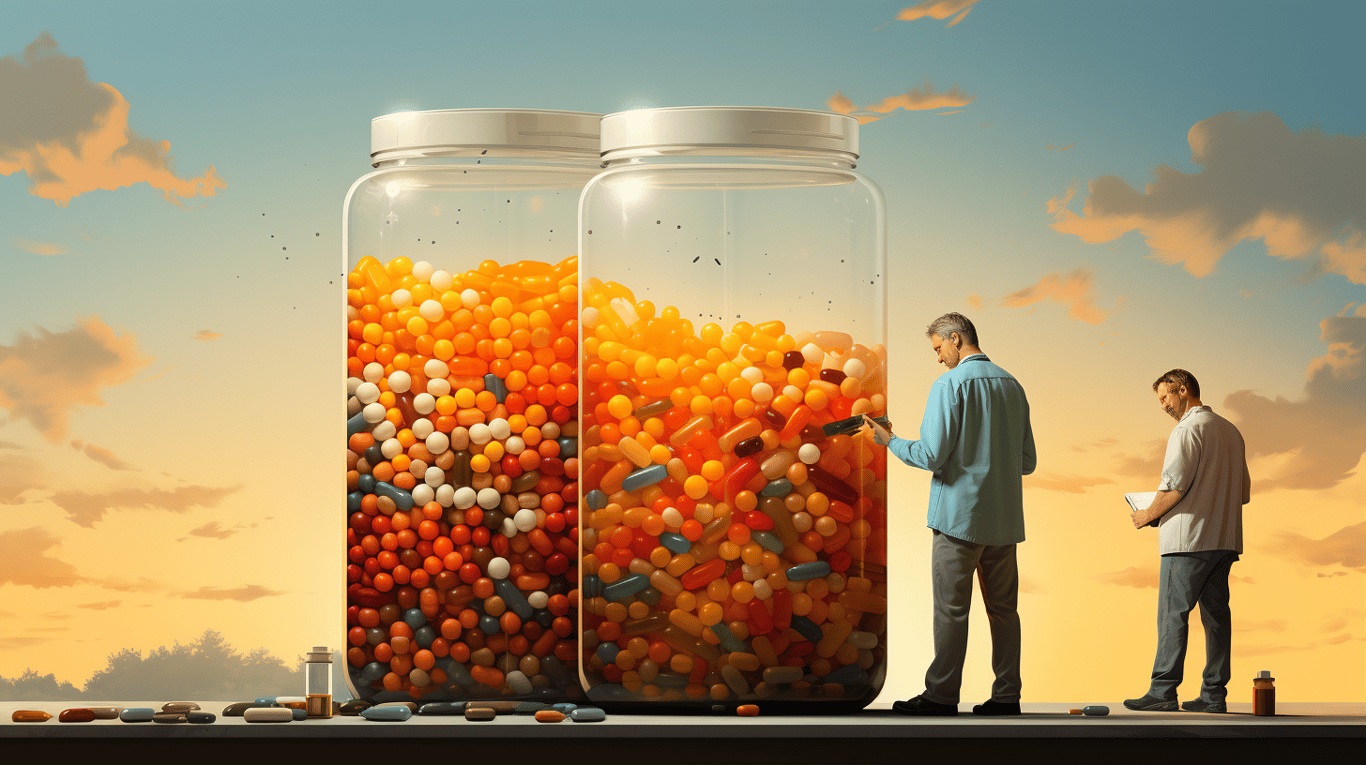 abstract image of a researcher studying a bottle of drug.