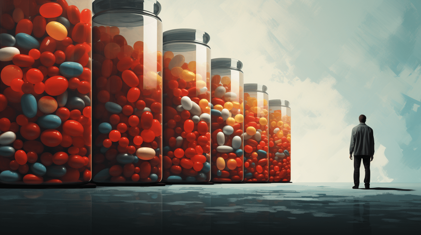 abstract image of a researcher studying a bottle of drug.