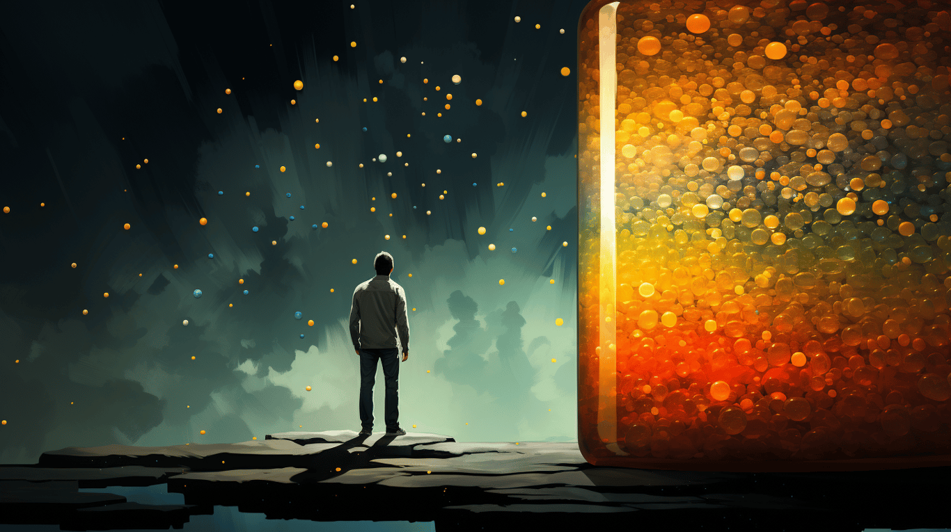 abstract image of a researcher studying a bottle of drug.