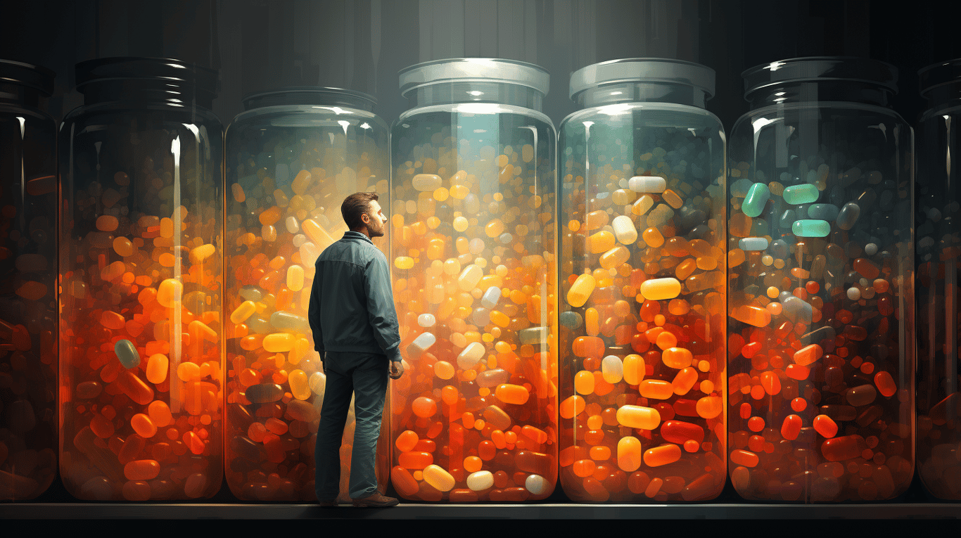 abstract image of a researcher studying a bottle of drug.