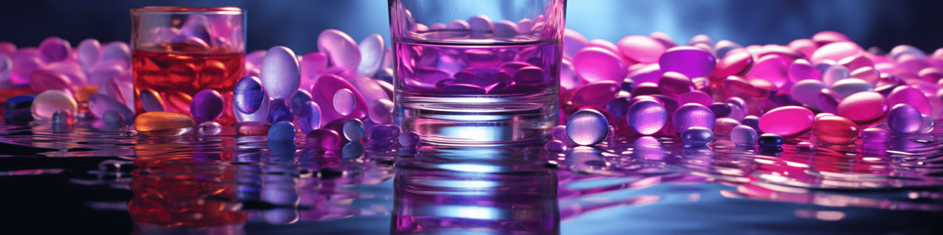 image of drug pills surrounding a glass of water symbolizing drug consumption