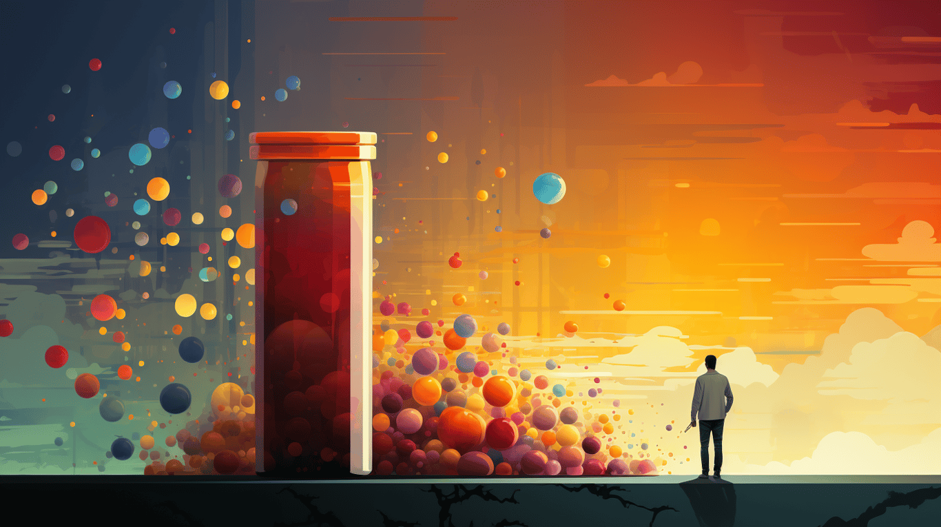 abstract image of a researcher studying a bottle of drug.