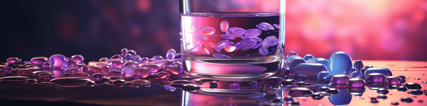 image of drug pills surrounding a glass of water symbolizing drug consumption