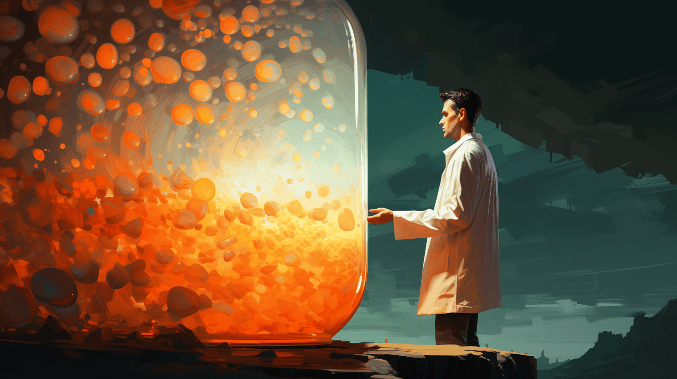 abstract image of a researcher studying a bottle of drug.