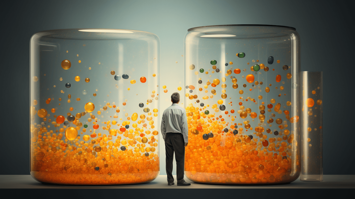 abstract image of a researcher studying a bottle of drug.